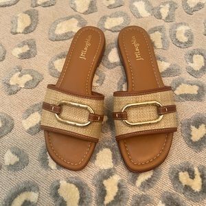 J. McLaughlin Jute & Gold Bamboo Slide-on Sandals